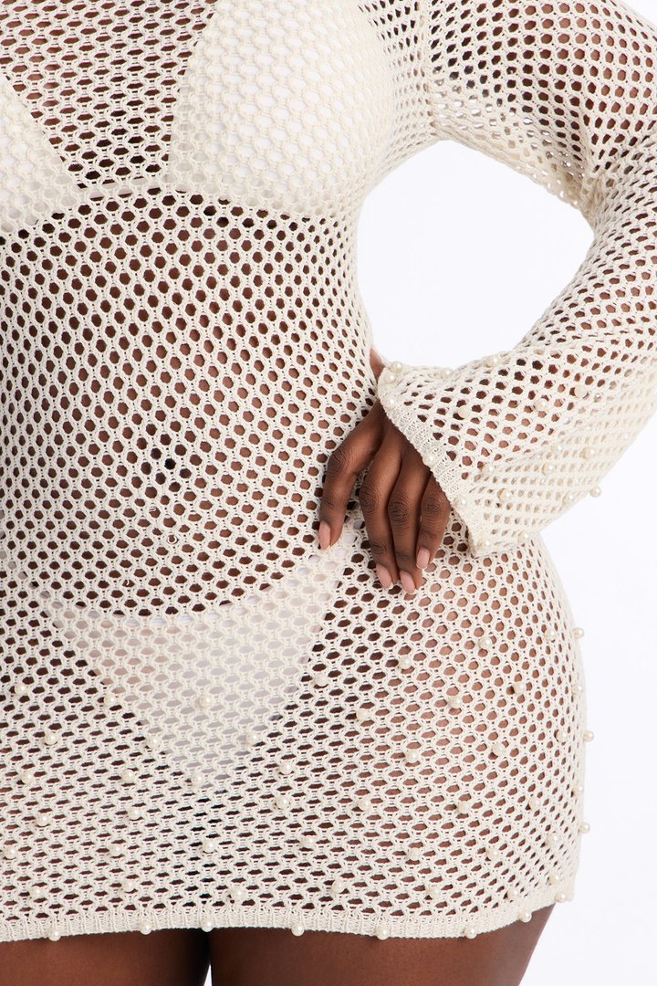 Adah Crochet Pearl Swim Cover Up Dress - Ivory