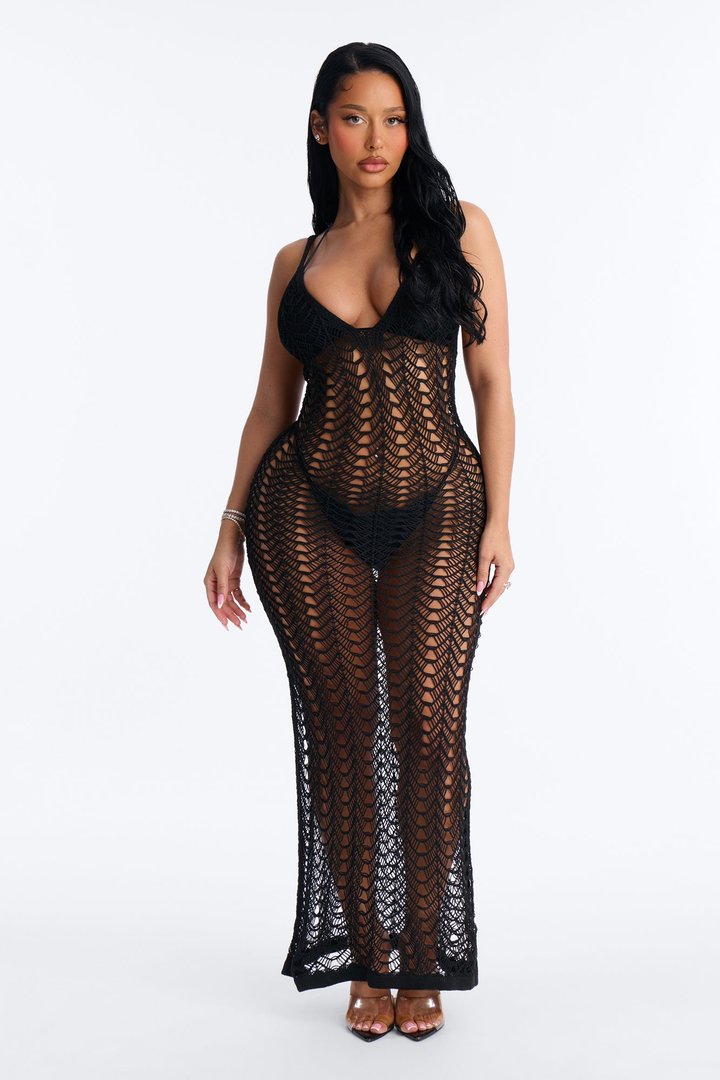 Sylvie Crochet Swim Cover Up Midi Dress - Black