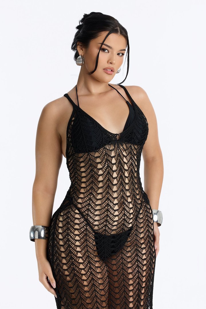 Sylvie Crochet Swim Cover Up Midi Dress - Black