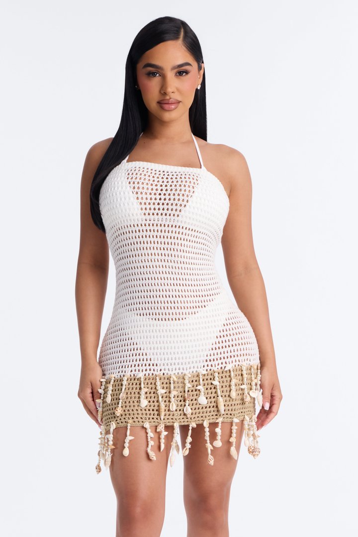 Mira Crochet Shell Swim Cover Up Strapless Dress - White/combo