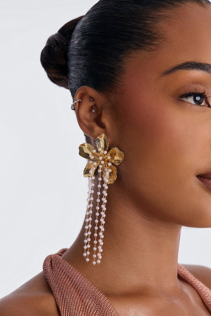 Pearl Kissed Petal Drop Earrings - Gold