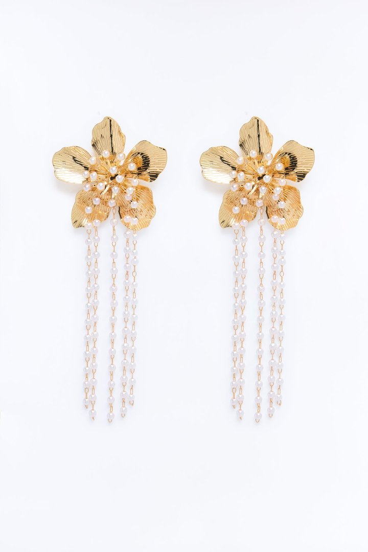 Pearl Kissed Petal Drop Earrings - Gold