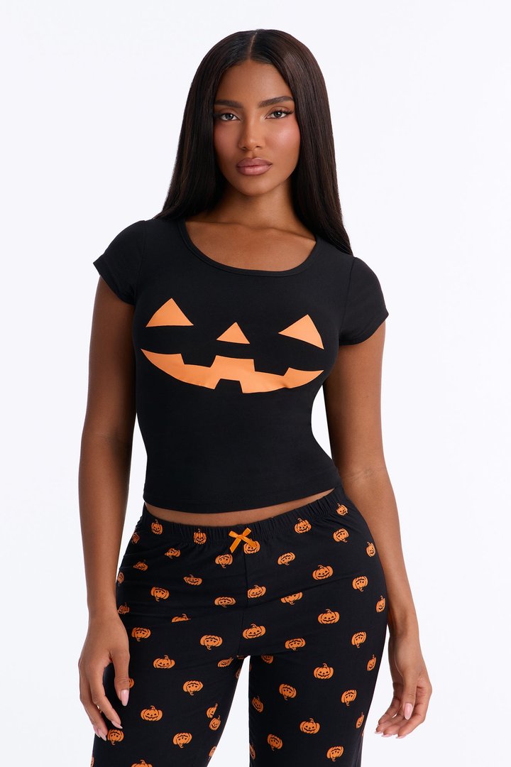 Spooky Snuggles Cropped Tee Halloween PJ Pant Set - Black/Orange