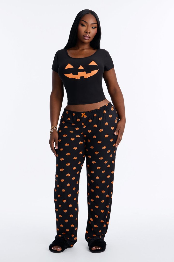 Spooky Snuggles Cropped Tee Halloween PJ Pant Set - Black/Orange