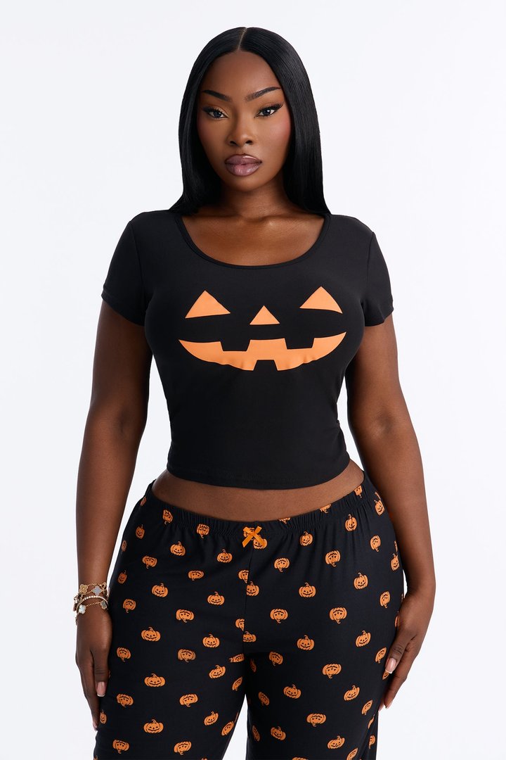 Spooky Snuggles Cropped Tee Halloween PJ Pant Set - Black/Orange
