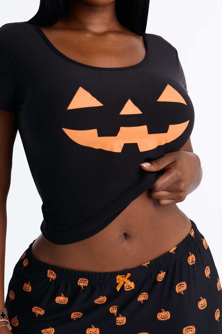 Spooky Snuggles Cropped Tee Halloween PJ Pant Set - Black/Orange