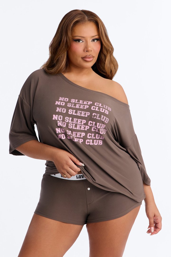 No Sleep Club Off Shoulder PJ Short Set - Mocha