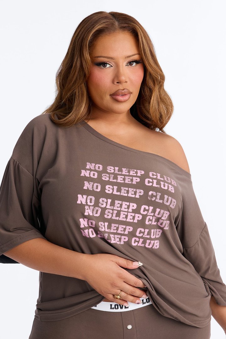 No Sleep Club Off Shoulder PJ Short Set - Mocha