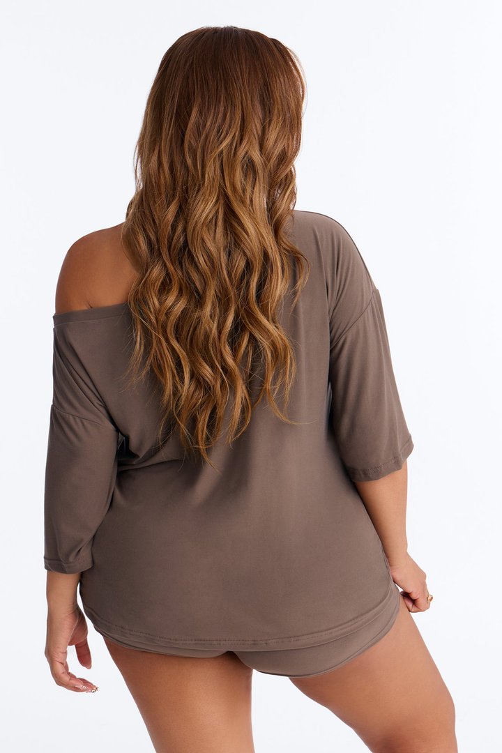 No Sleep Club Off Shoulder PJ Short Set - Mocha