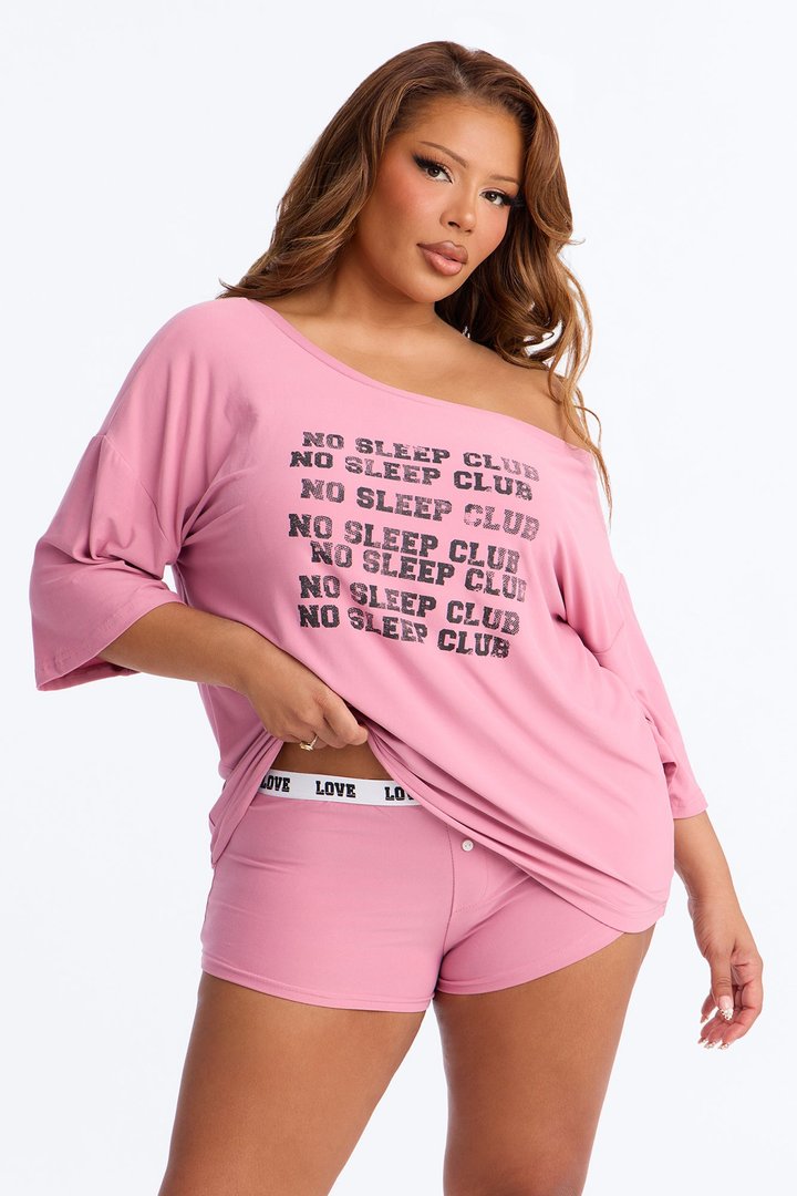 No Sleep Club Off Shoulder PJ Short Set - Pink