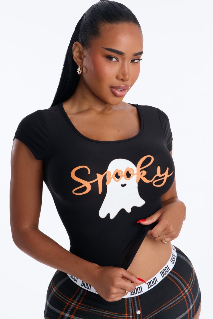 She's A Spooky Girl Halloween PJ Cropped Tee & Boyshort Set - Black/combo