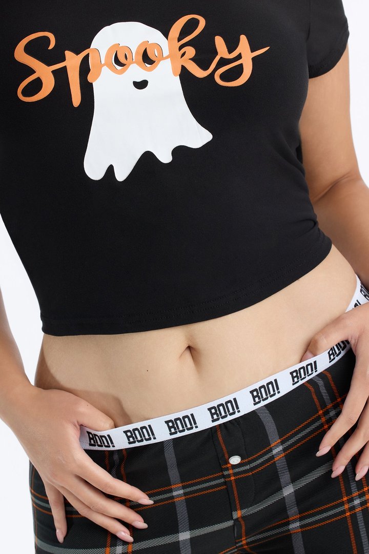 She's A Spooky Girl Halloween PJ Cropped Tee & Boyshort Set - Black/combo