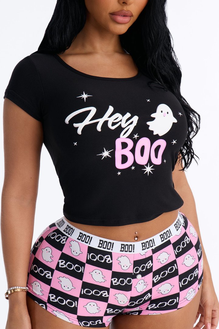 Oh Hey Boo Halloween PJ Cropped Tee & Boyshort Set - Black/combo