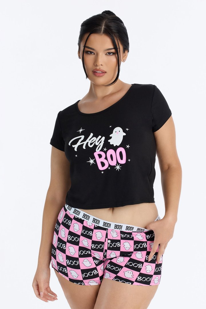 Oh Hey Boo Halloween PJ Cropped Tee & Boyshort Set - Black/combo