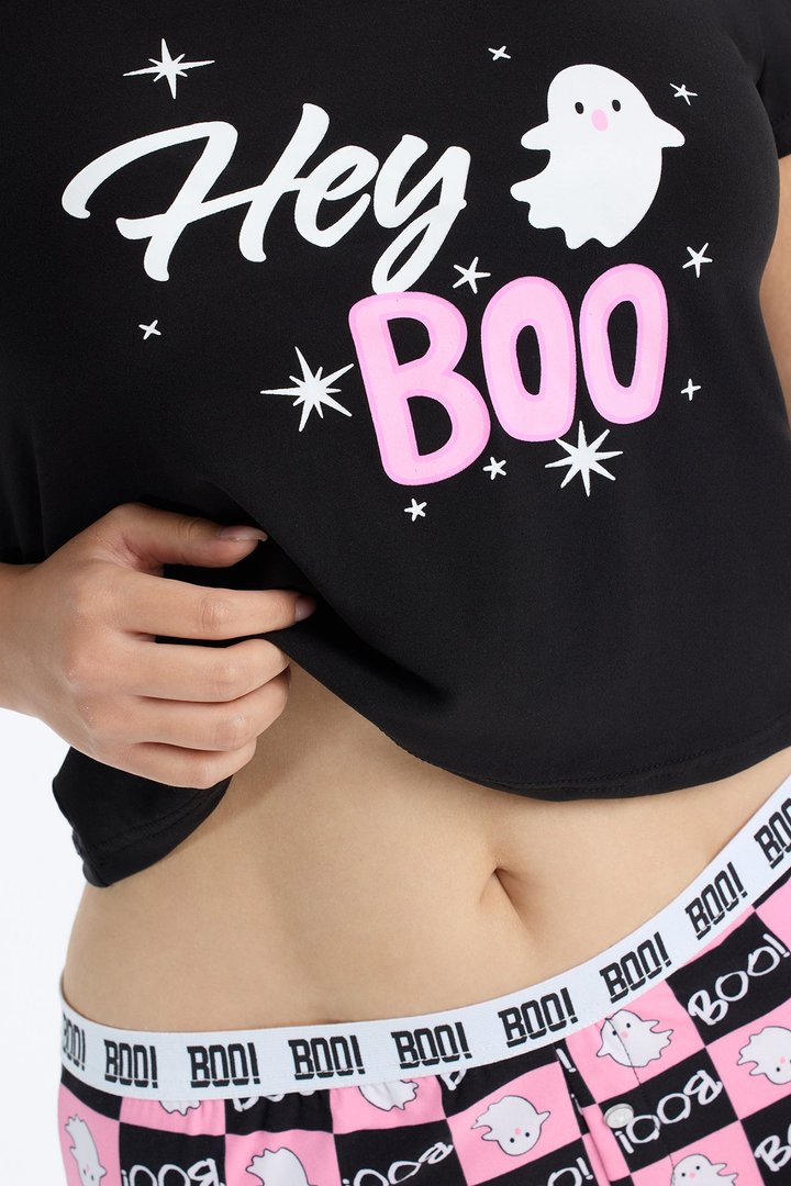 Oh Hey Boo Halloween PJ Cropped Tee & Boyshort Set - Black/combo