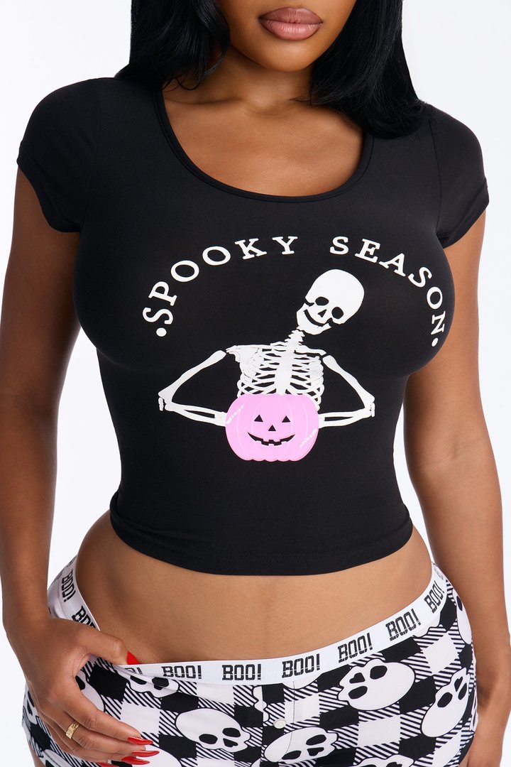 It's Spooky Season Halloween PJ Cropped Tee & Boyshort Set - Black/combo