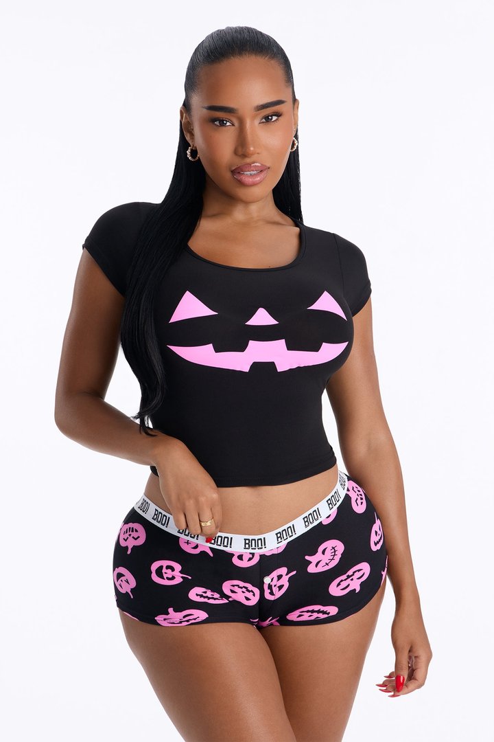 Pump Up Pumpkin Halloween PJ Cropped Tee & Boyshort Set - Black/Pink