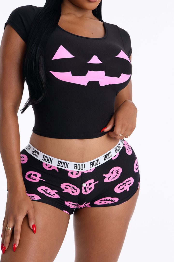 Pump Up Pumpkin Halloween PJ Cropped Tee & Boyshort Set - Black/Pink