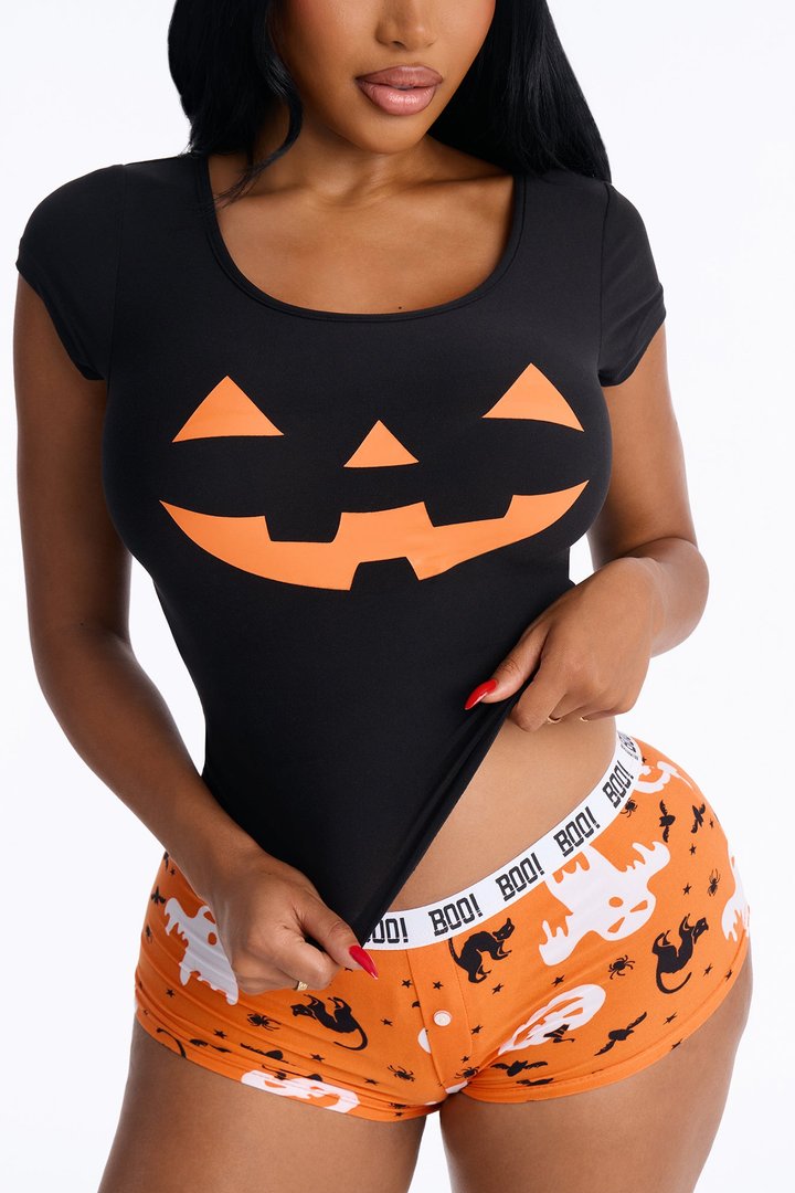 Pumpkin You Out Halloween PJ Cropped Tee & Boyshort Set - Black/Orange