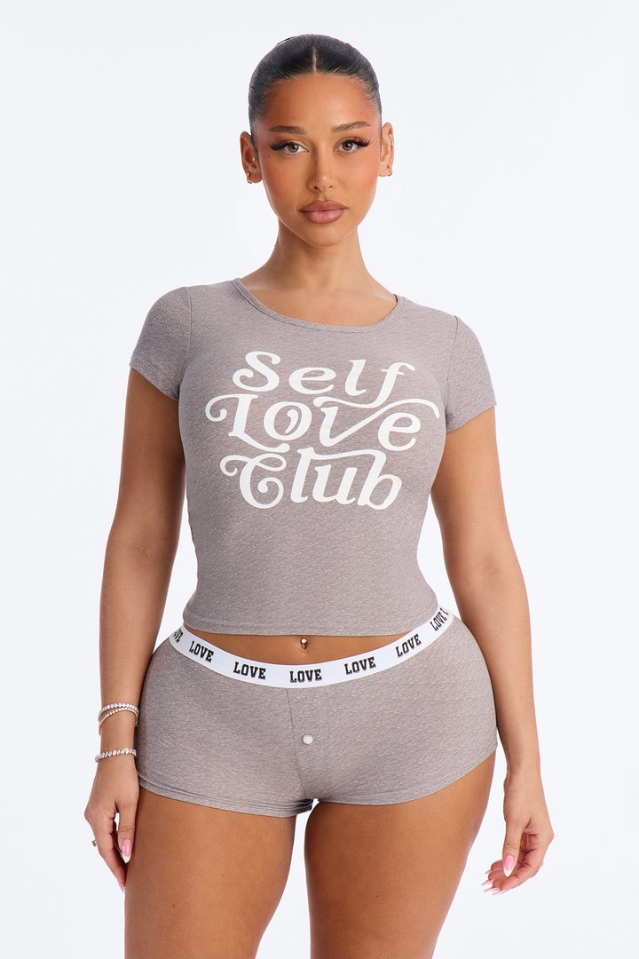 I Love Myself PJ Short Set - Heather Grey