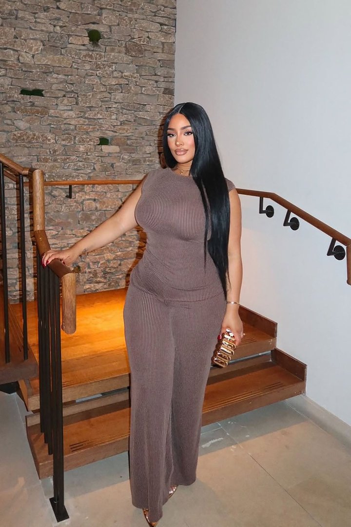 Amaya Ribbed Pant Set - Brown