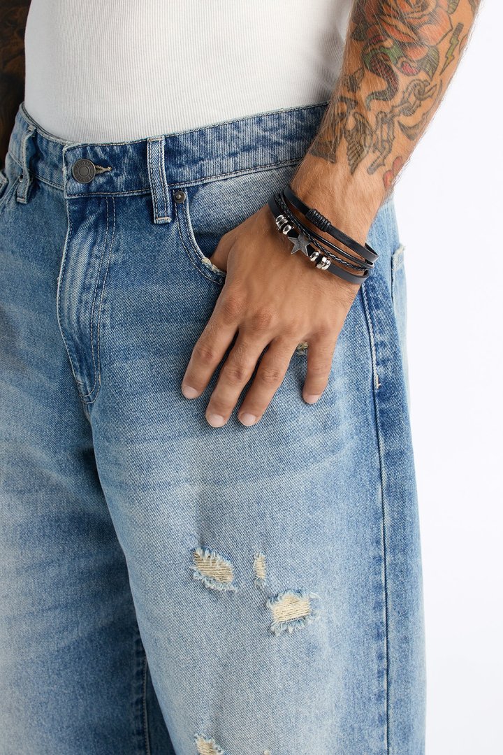 Star Is Born Faux Leather Bracelet - Black/Silver