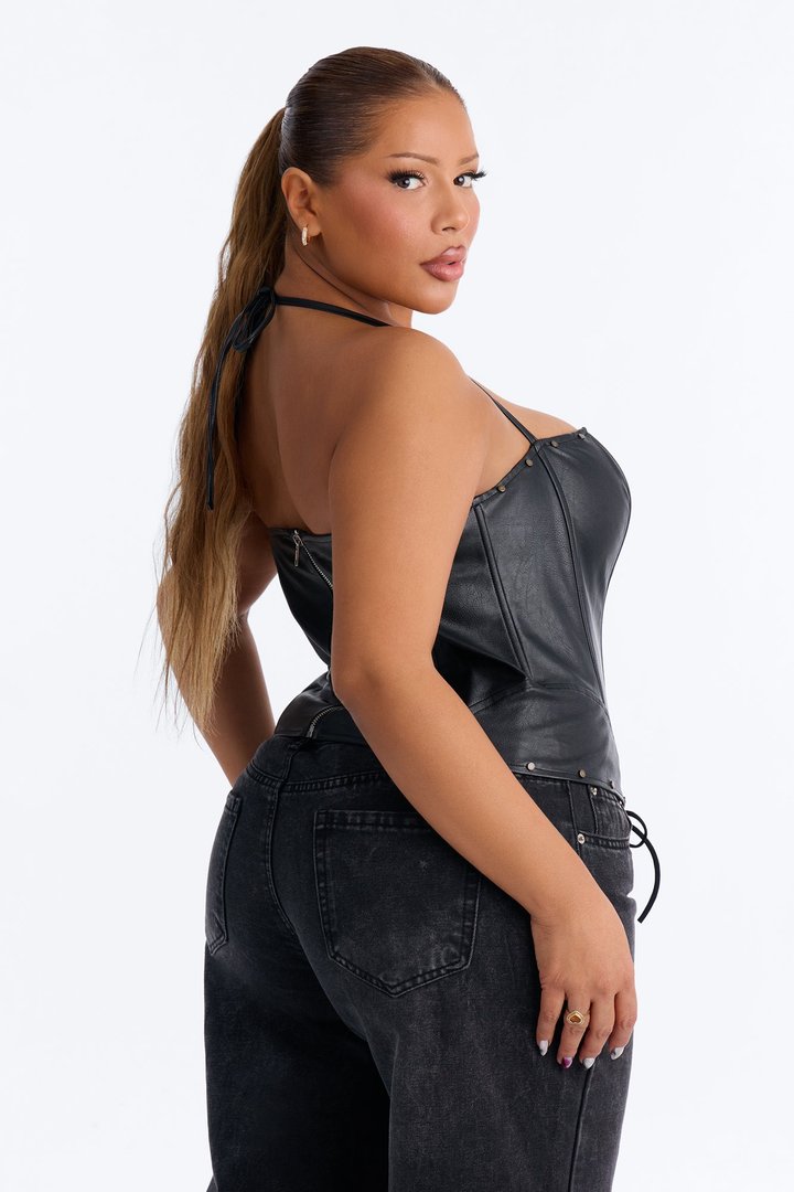 Sienna Faux Leather Corset Top - Black