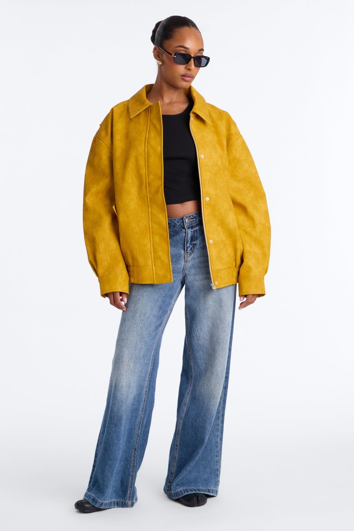 Alexis Washed Faux Leather Bomber Jacket - Mustard
