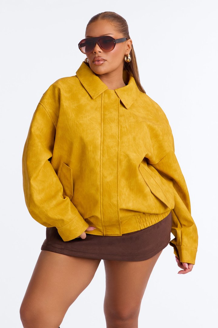 Alexis Washed Faux Leather Bomber Jacket - Mustard