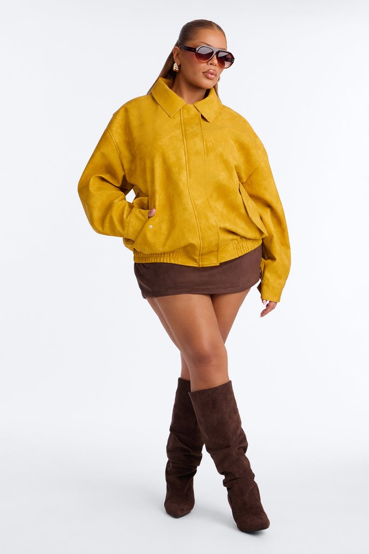Alexis Washed Faux Leather Bomber Jacket - Mustard