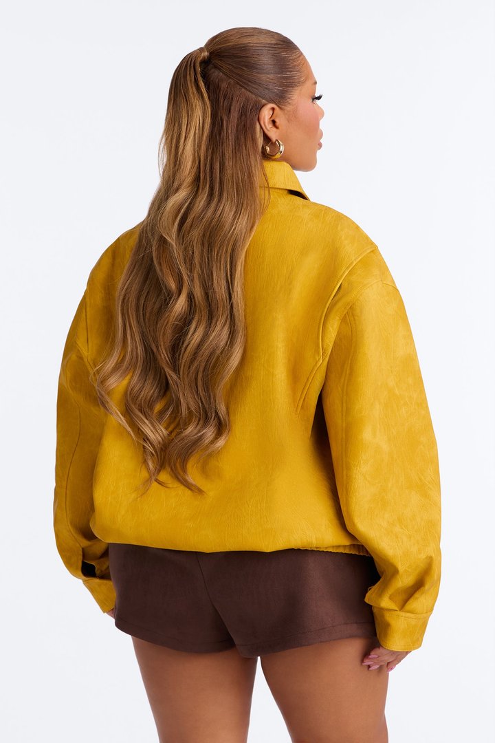 Alexis Washed Faux Leather Bomber Jacket - Mustard