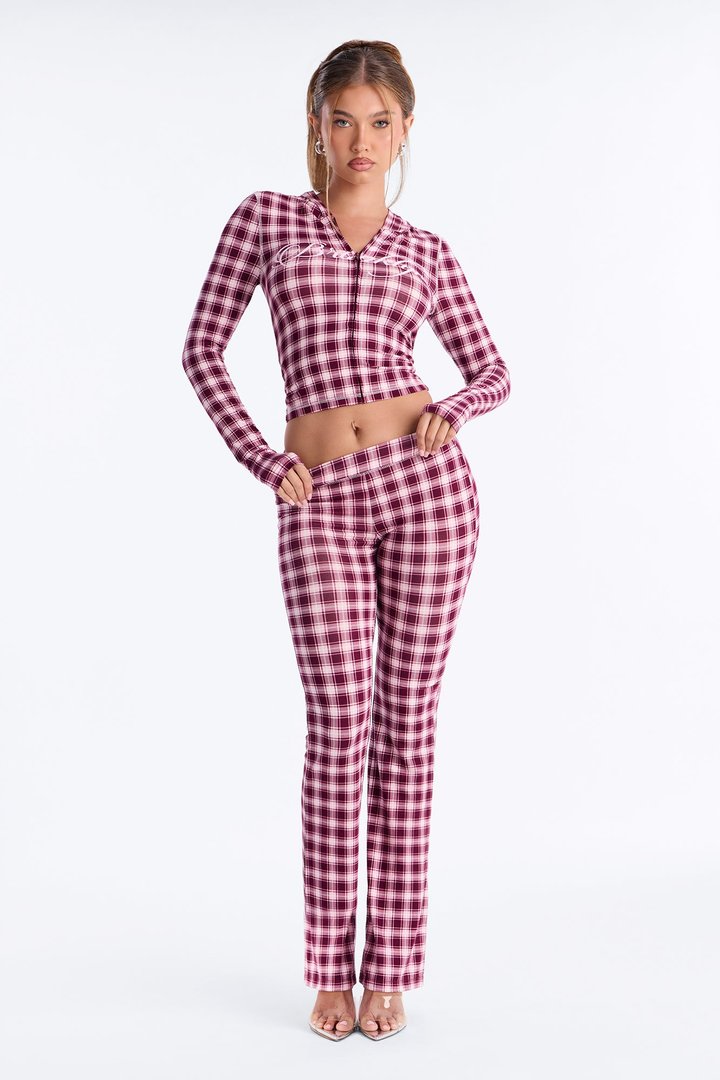 Brooklyn Plaid Zip Up Pant Set - Burgundy/combo