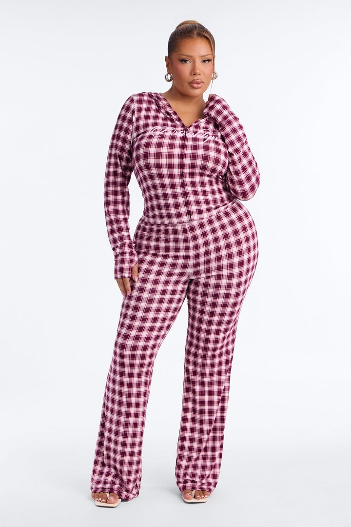 Brooklyn Plaid Zip Up Pant Set - Burgundy/combo
