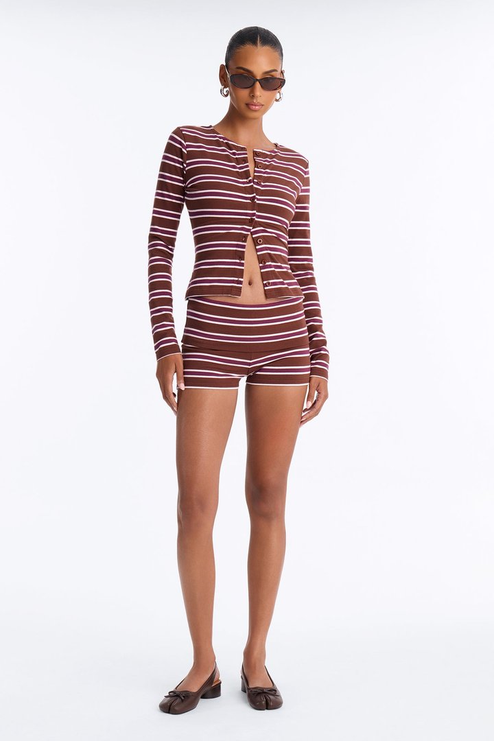 Mina Striped Button Up Knit Top - Brown/combo