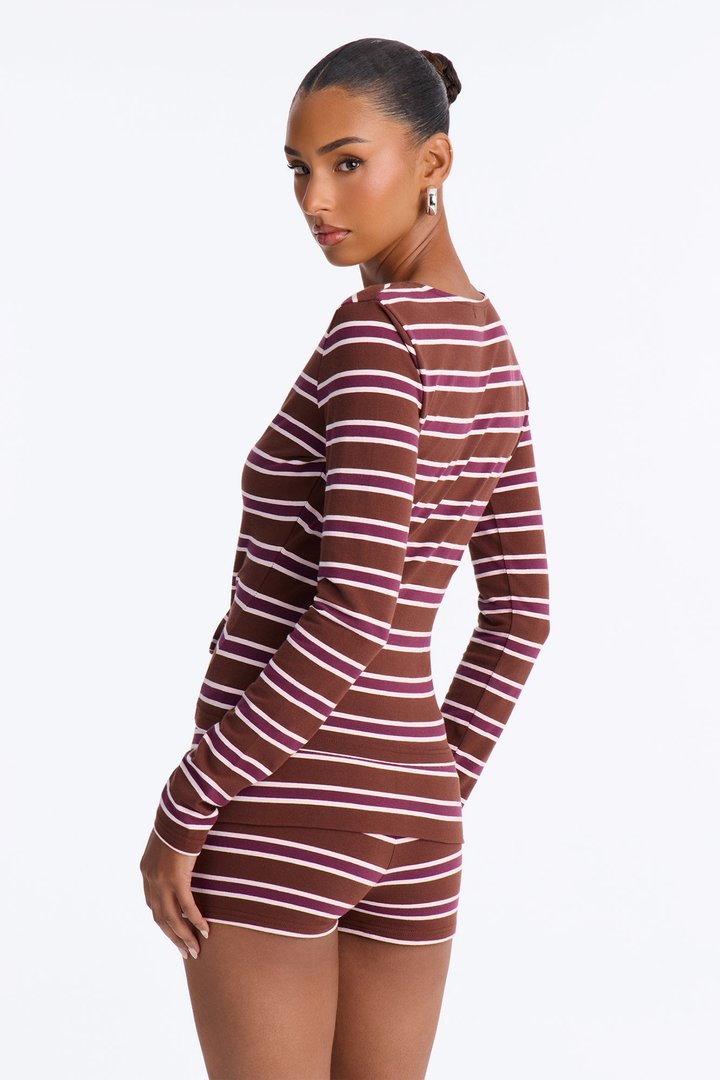 Mina Striped Button Up Knit Top - Brown/combo