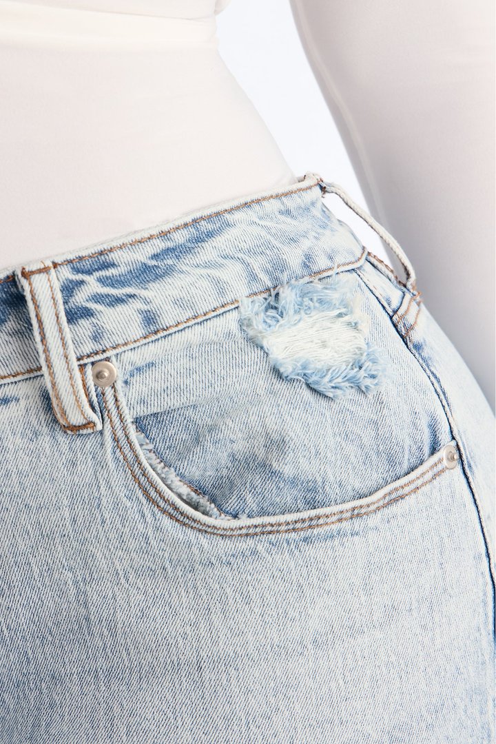 Kiss And Tell High Rise Low Stretch Straight Leg Jeans - Light Blue Wash