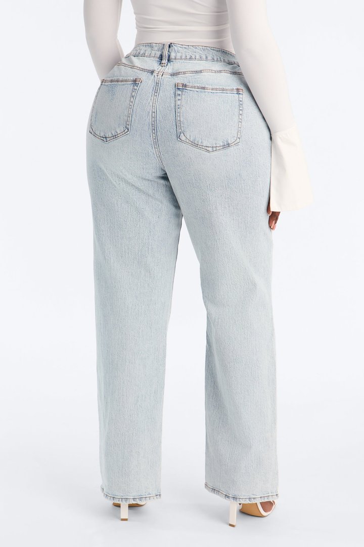Kiss And Tell High Rise Low Stretch Straight Leg Jeans - Light Blue Wash