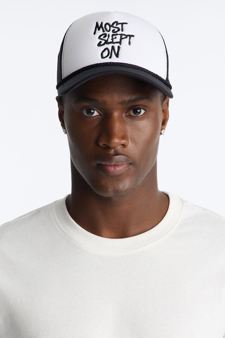 Most Slept On Embroidered Snapback Hat - White/Black