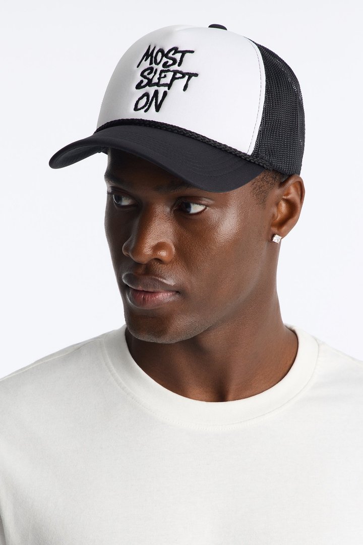 Most Slept On Embroidered Snapback Hat - White/Black