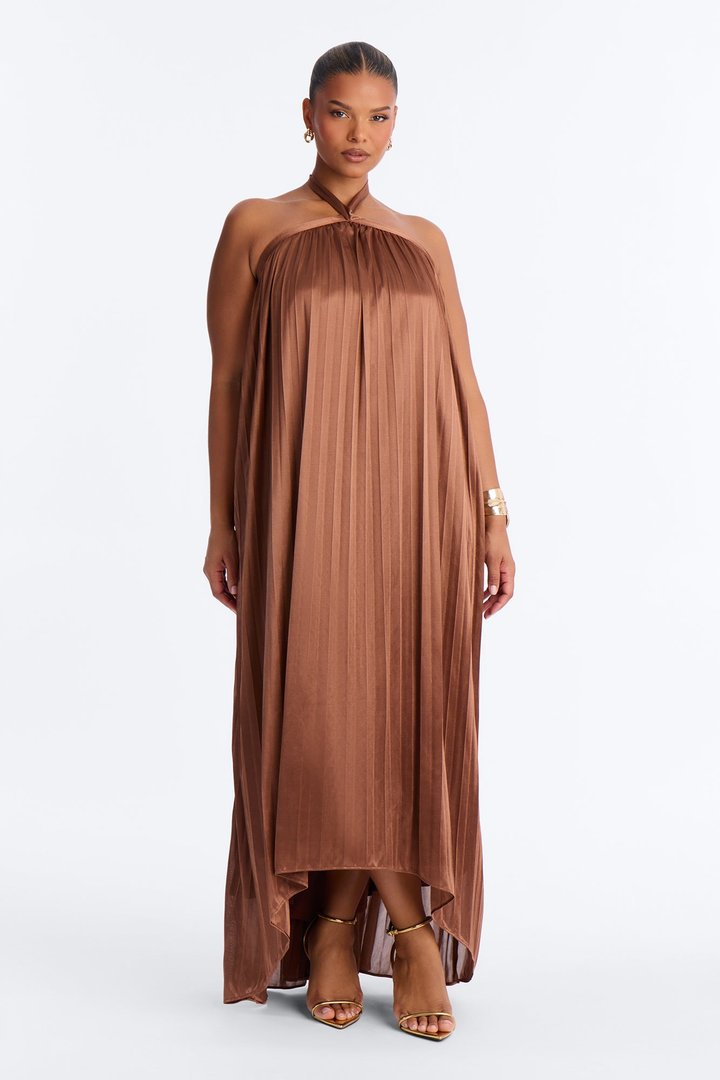 Monique Backless Pleated Satin Maxi Dress - Bronze