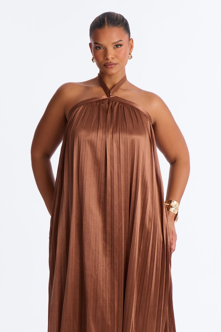 Monique Backless Pleated Satin Maxi Dress - Bronze