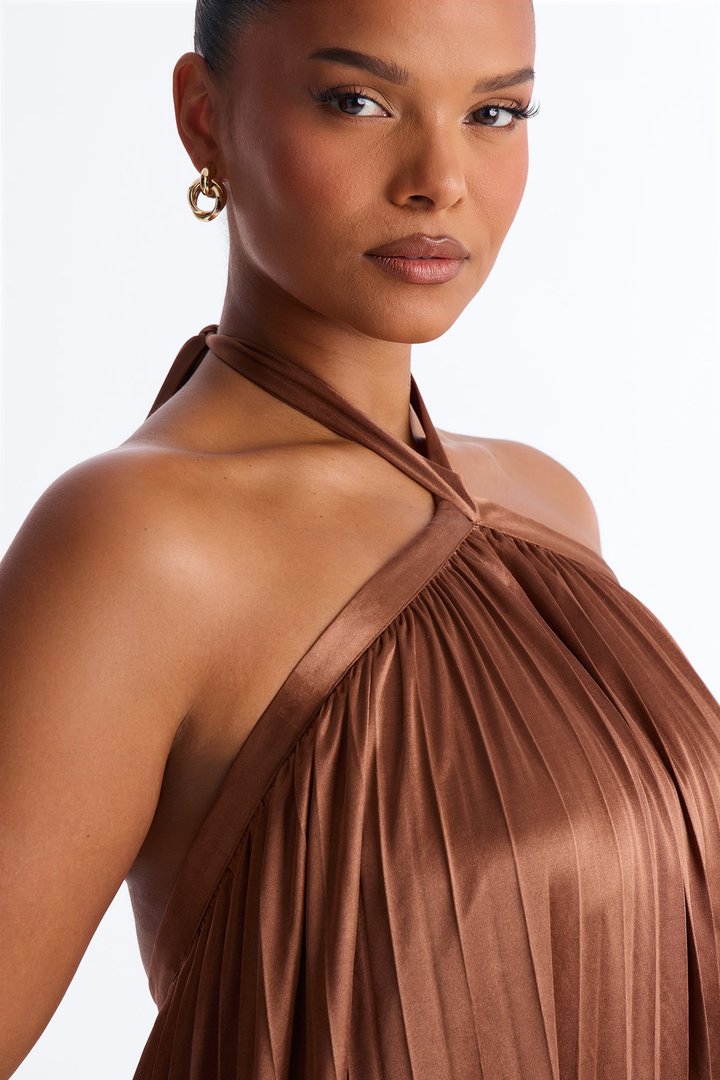 Monique Backless Pleated Satin Maxi Dress - Bronze
