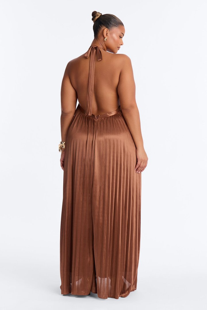Monique Backless Pleated Satin Maxi Dress - Bronze