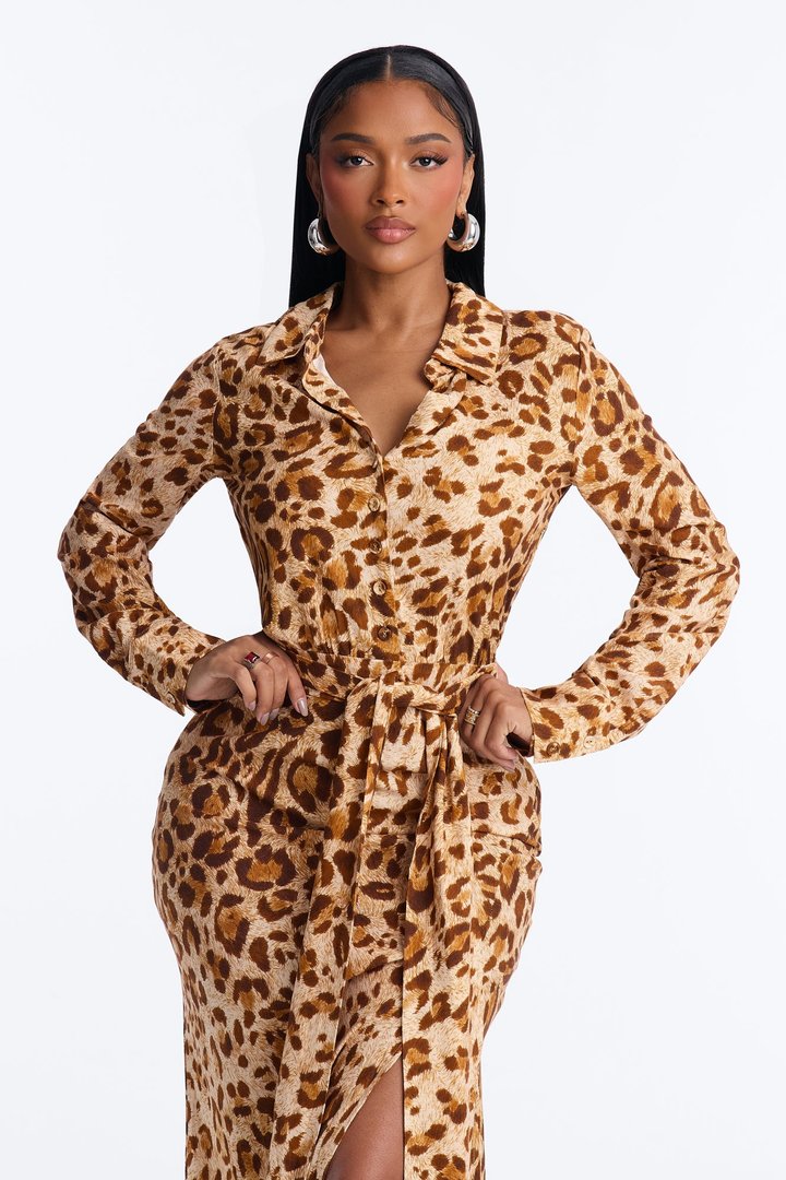 Naturally Wild Long Sleeve Maxi Dress - Leopard