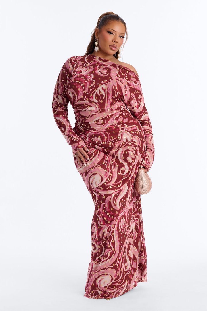 Mila Off Shoulder Maxi Dress - Rust/combo