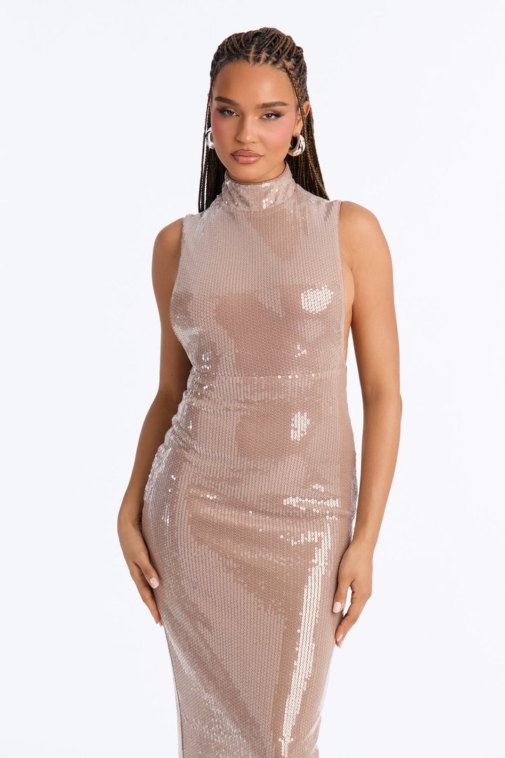 Glitz And Glamour Sequin Sleeveless Maxi Dress - Mocha