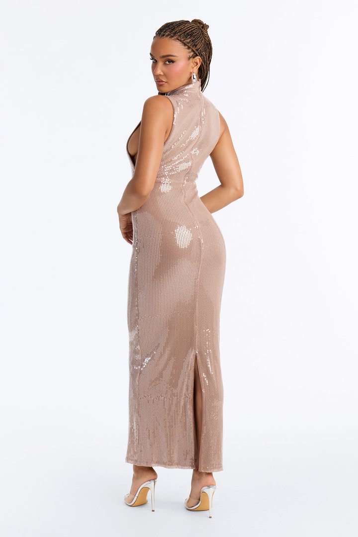 Glitz And Glamour Sequin Sleeveless Maxi Dress - Mocha