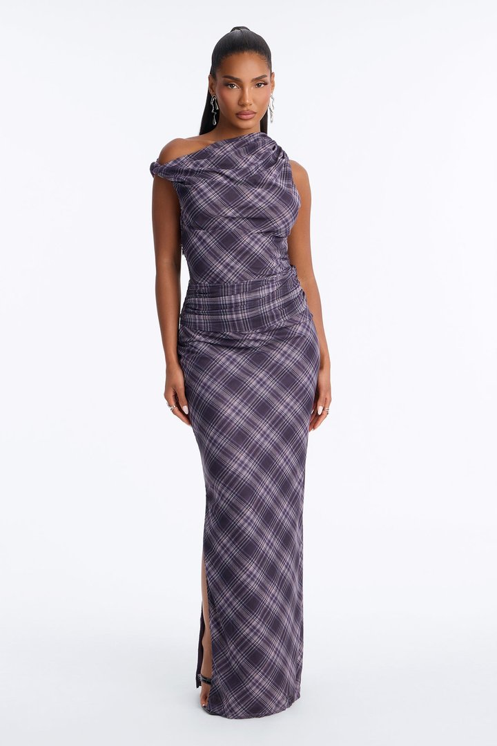 Check Me Out Mesh Plaid Maxi Dress - Purple