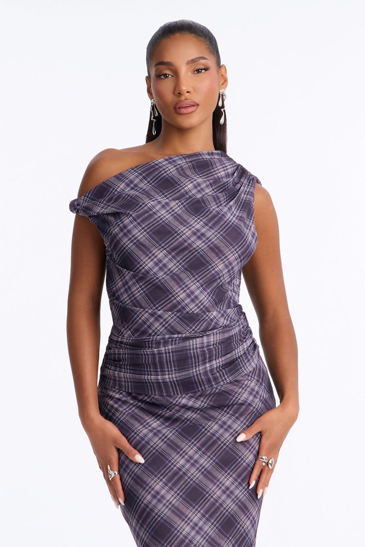 Check Me Out Mesh Plaid Maxi Dress - Purple