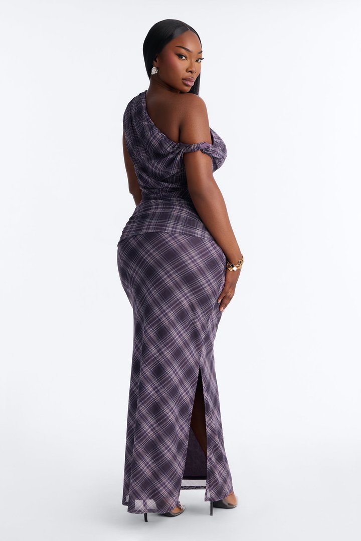 Check Me Out Mesh Plaid Maxi Dress - Purple